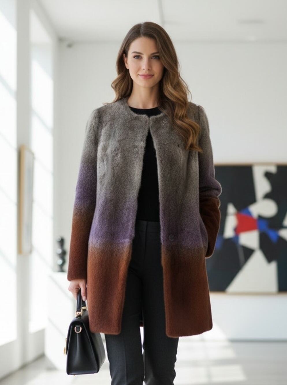 Love Token Womens Ombre Rabbit Fur Long Sleeve Open Front Coat Size S Boho Artsy